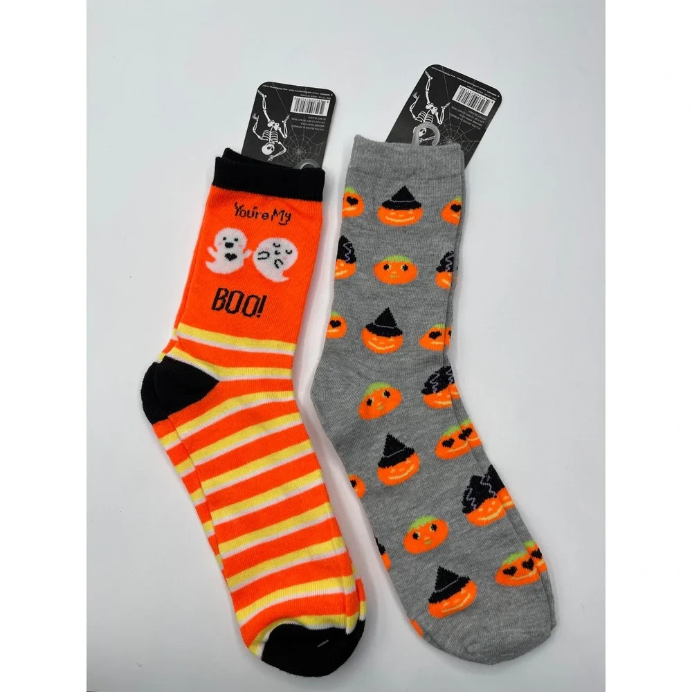 Eat Drink‎ Be Scary Halloween Crew Socks 2 Pair Bundle Ghost Pumpkin Orange Grey